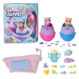 Hatchimals Alive, Make a Splash, Coffret avec 15 accessoires, baignoire, 2 mini figurines qui changent de couleur dans des oeufs qui éclosent tout seuls