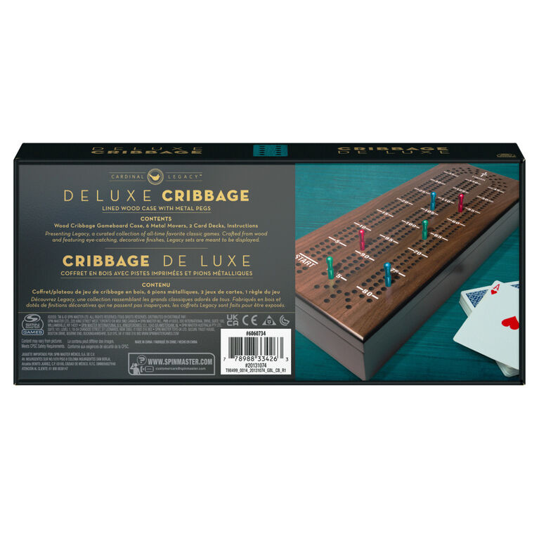 Legacy Deluxe Cribbage Classic Game with Lined Wooden Case and Colored Metal Movers