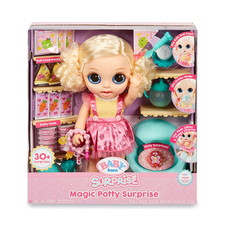 Baby Born Surprise Magic Potty Surprise Blue Eyes Doll Pees Glitter Poops Surprise Charms Toys R Us Canada