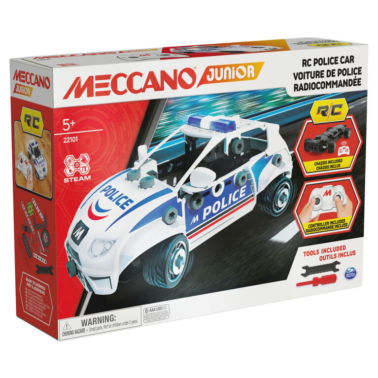 Meccano Junior, Voiture de police radiocommandée avec coffre fonctionnel et vrais outils, Kit de construction de petit véhicule
