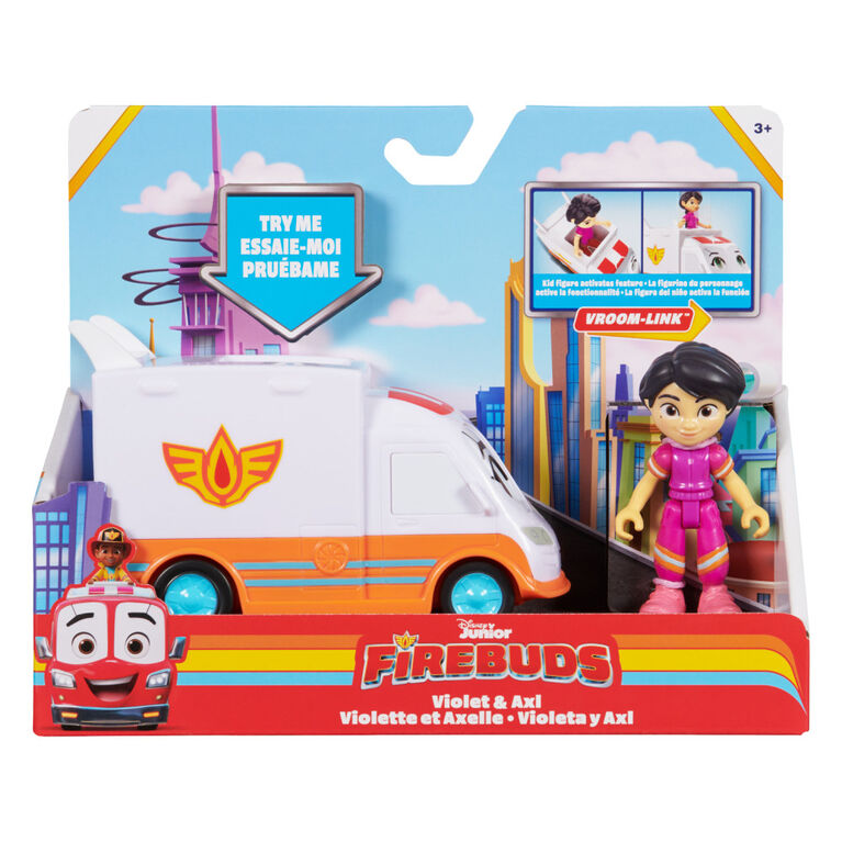 Disney Junior Firebuds, Violette et Axelle, figurine articulée et ambulance avec mouvement des yeux interactif