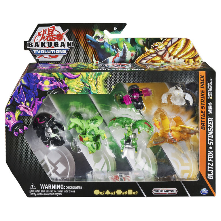 Bakugan Evolutions, Blitz Fox and Stingzer Battle Strike Pack, Includes 6 Bakugan Action Figures, 9 Trading Cards and 8 BakuCores