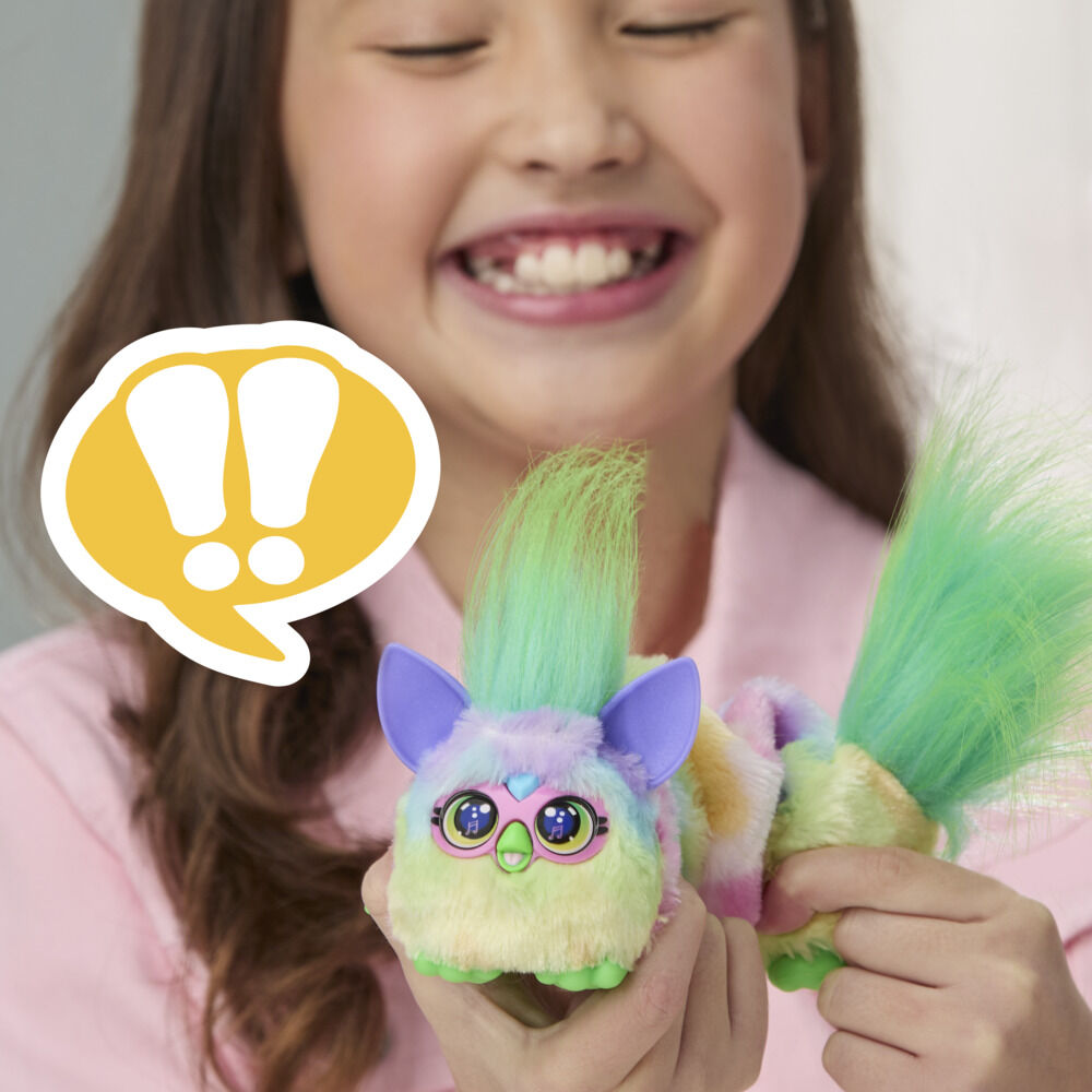Furby DJ Furblets Can-Dee-Swirl Mini Electronic Plush Toy with Funny Stretchable Sound Effects & Music, Speaks Furbish, Pink, Blue & Purple