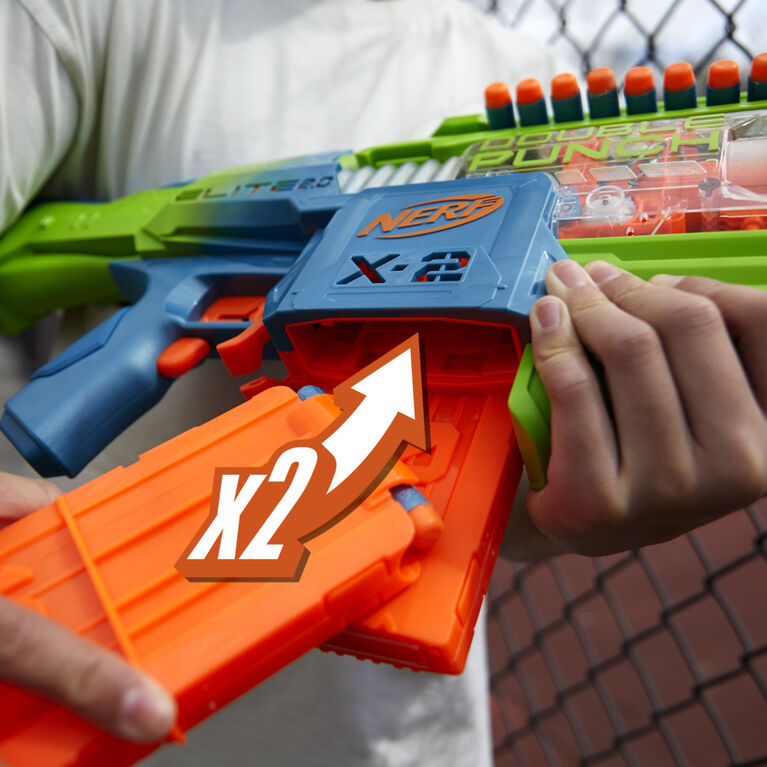 Nerf Elite 2.0 Double Punch Dart Blaster, 50 Nerf Elite Darts, 2x 10-Dart Clips, Motorized Nerf Blaster