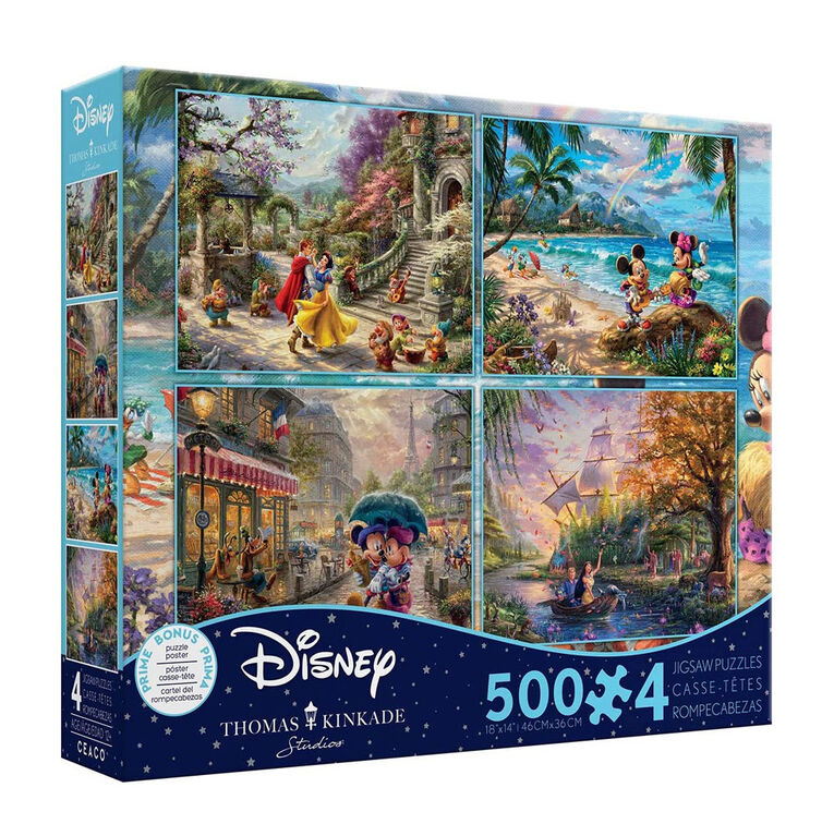 Ceaco Thomas Kinkade Disney 4-in-1 500-Piece Puzzle Multipack (Snow White, Mickey, Pocahontas)