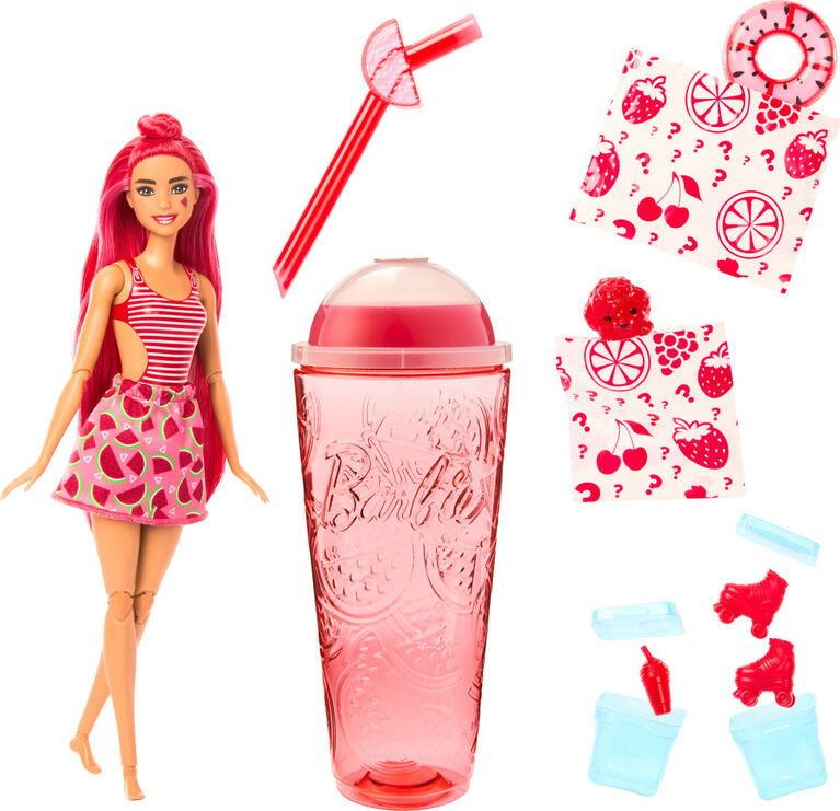 Barbie Pop Reveal Poupée de la série Fruit, thème cocktail à la pastèque avec 8 surprises dont 1 animal de compagnie et des accessoires, slime, parfum et changement de couleur