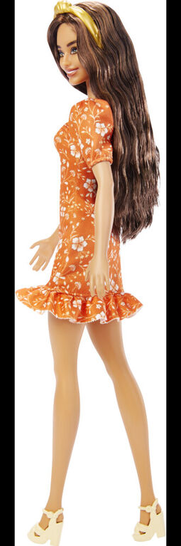 ​Barbie Fashionistas Doll #182, Headband, Orange Floral Print Dress with Ruffle Details and Heels