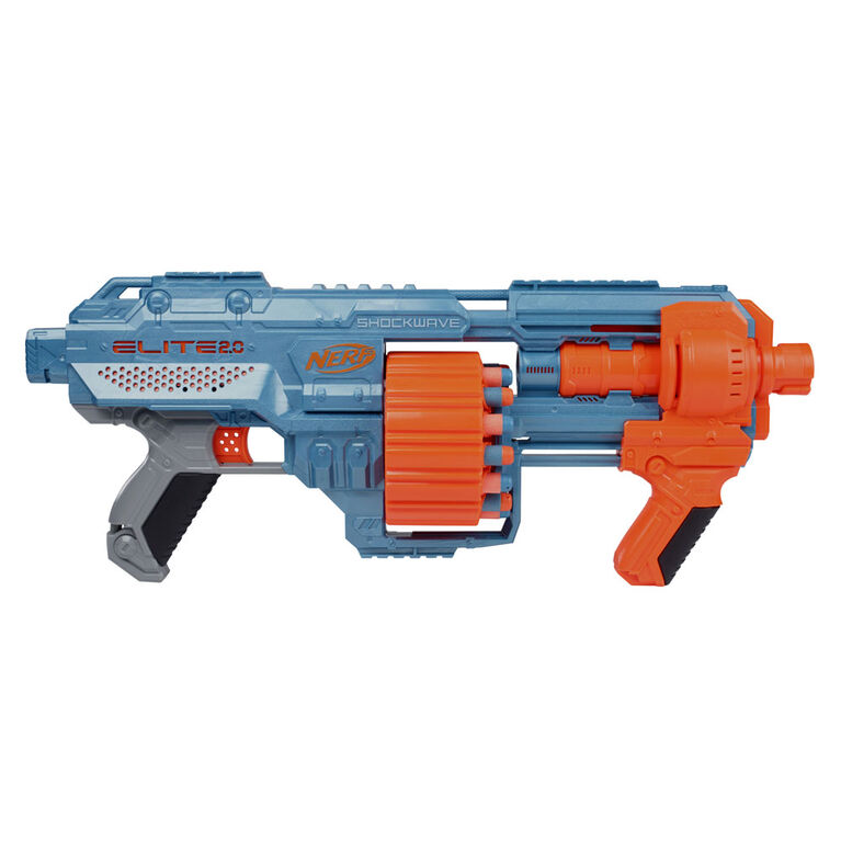 Nerf Elite 2.0, blaster Shockwave RD-15, 30 fléchettes Nerf, barillet rotatif 15 fléchettes, mécanisme à pompe