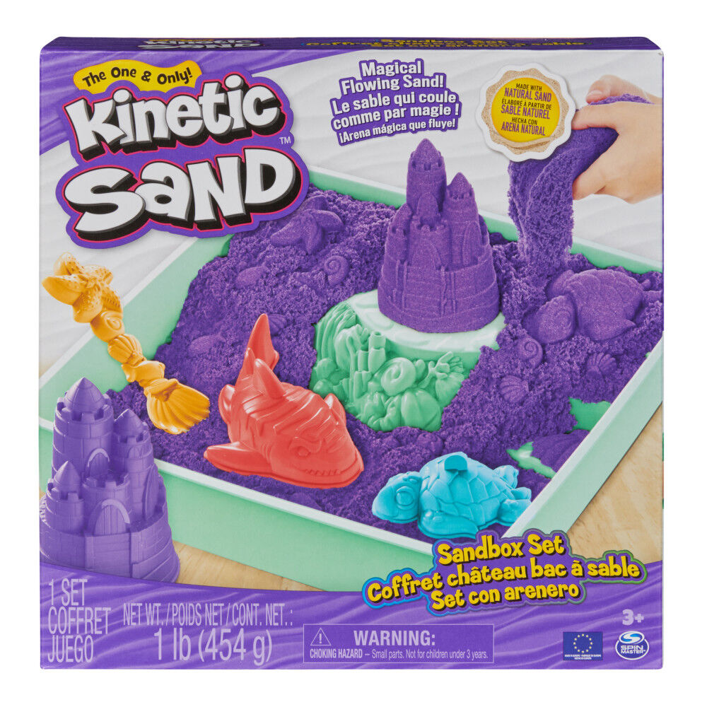 Kinetic Sand Sandbox Set 1lb Purple Play Sand Sandbox Storage 4 Molds and Tools Sensory Toy