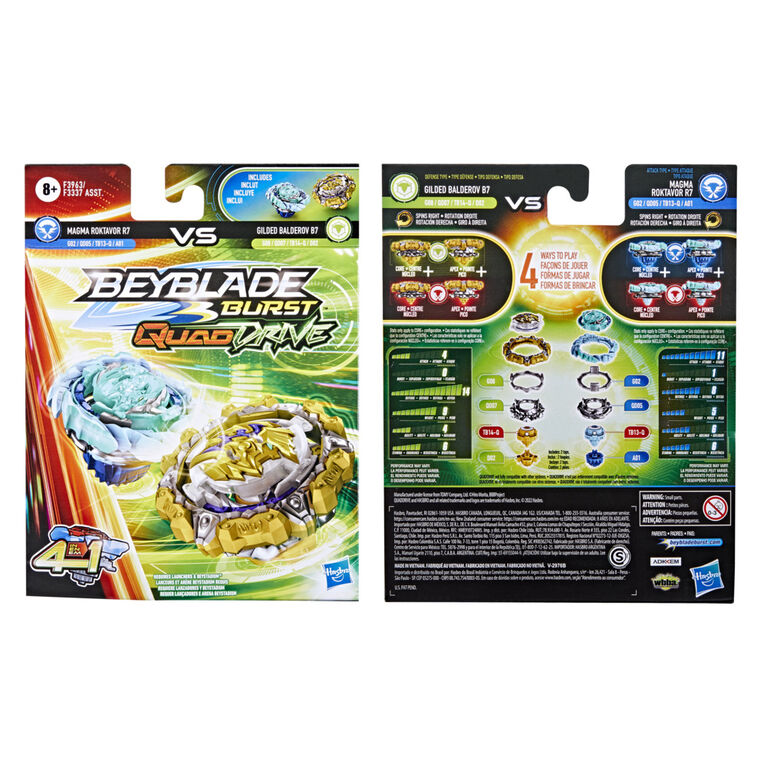 Beyblade Burst QuadDrive Magma Roktavor R7 and Gilded Balderov B7 Spinning Top Dual Pack