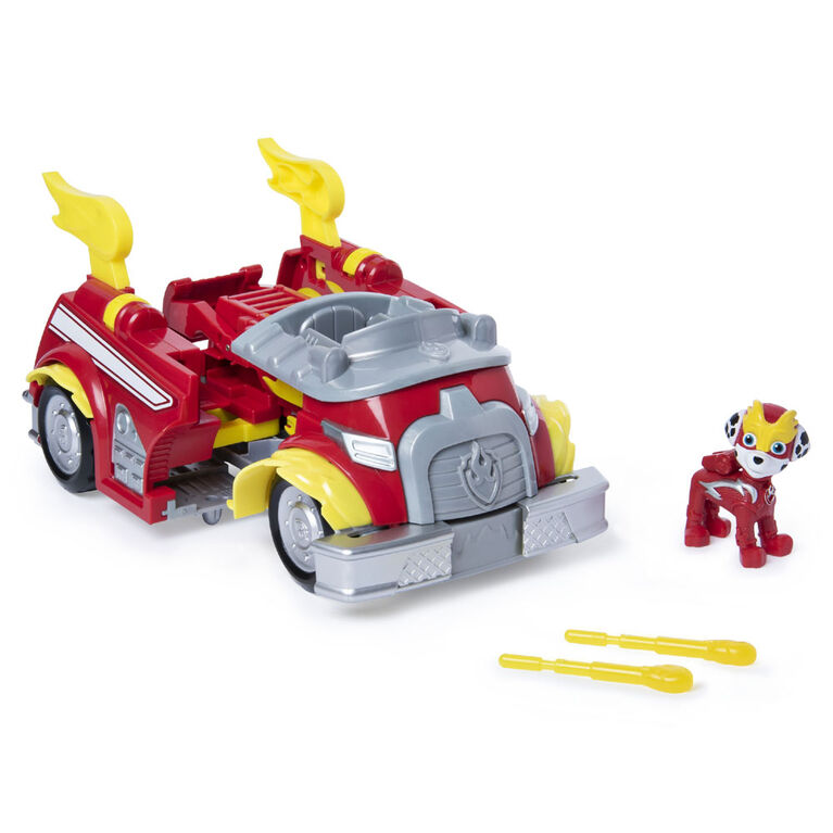 PAW Patrol, Mighty Pups Super PAWs, Camion de pompier Powered Up transformable de Marcus