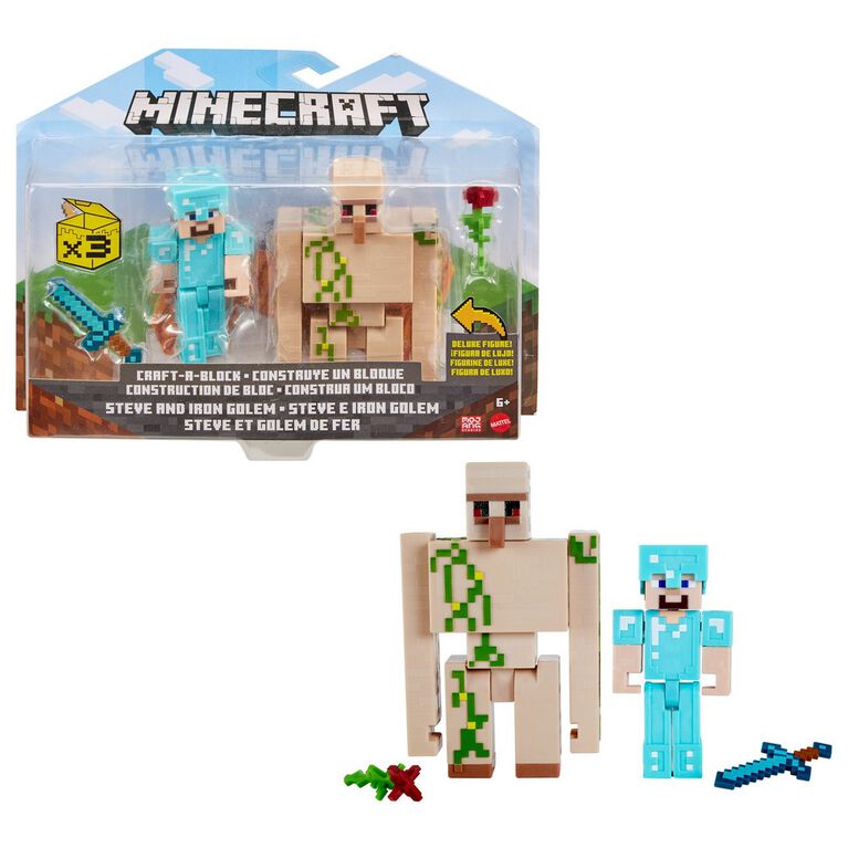 Minecraft Craft-a-block Steve and Iron Golem Figures