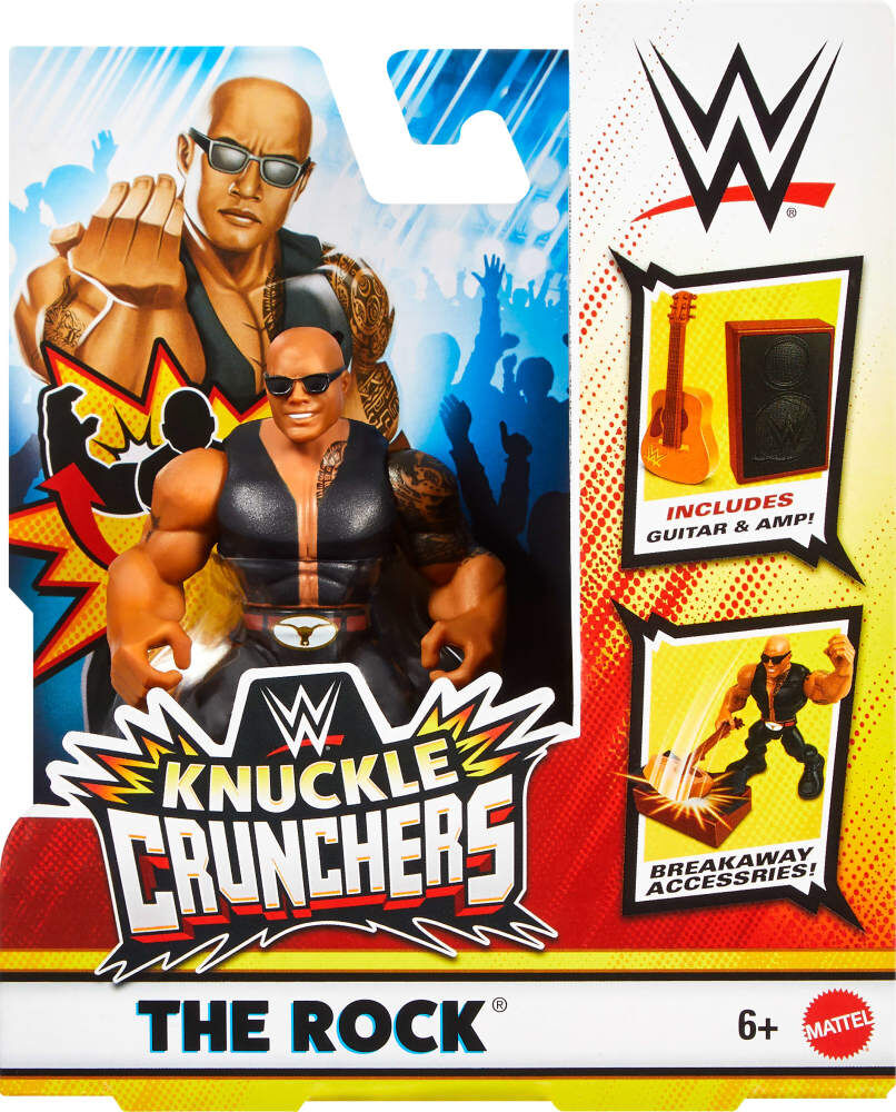 WWE Knuckle Crunchers The Rock Action Figure & Accessories, Bone-Crunching Movement, 3.25-inch
