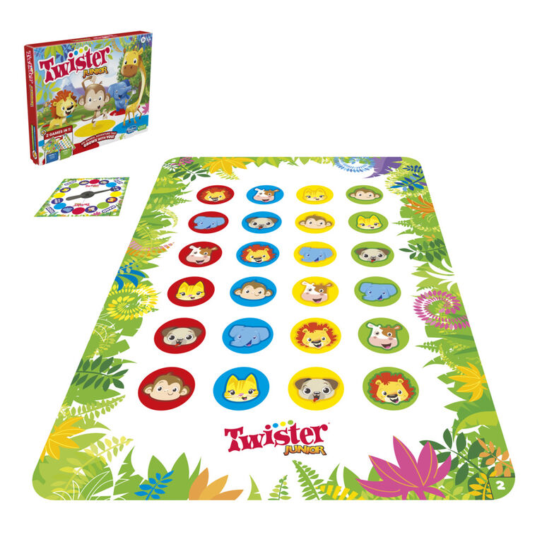 Jeu Twister Junior, tapis réversible aventure animalière, 2 jeux en 1