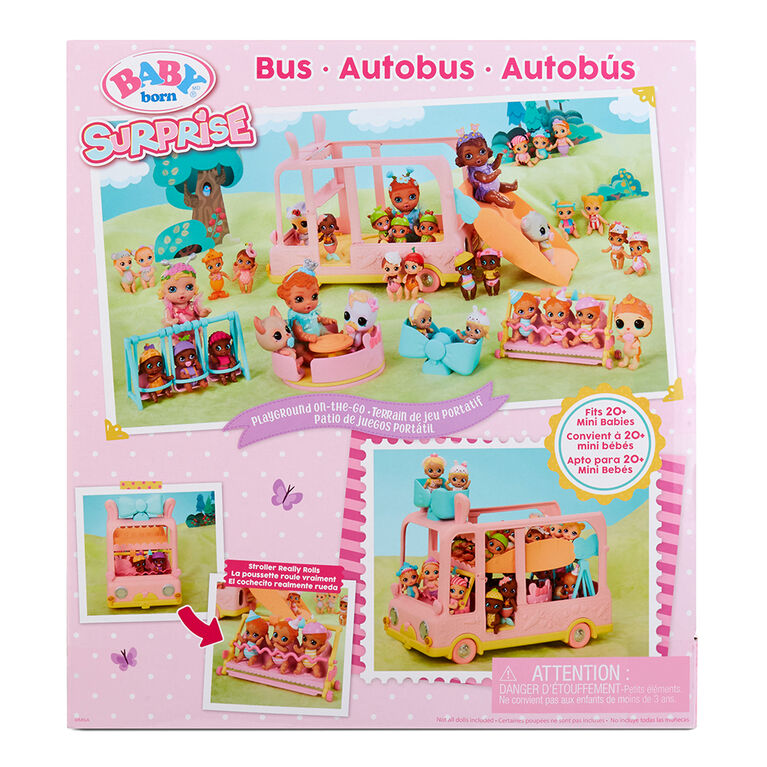 BABY BORN Surprise Bus Playset with 2 exclusive twin mini babes/ 6-in-1 playground on the go for all your BABY BORN Surprise collectible pets and babies/ can fit 20+ BABY BORN Surprise Mini Babies