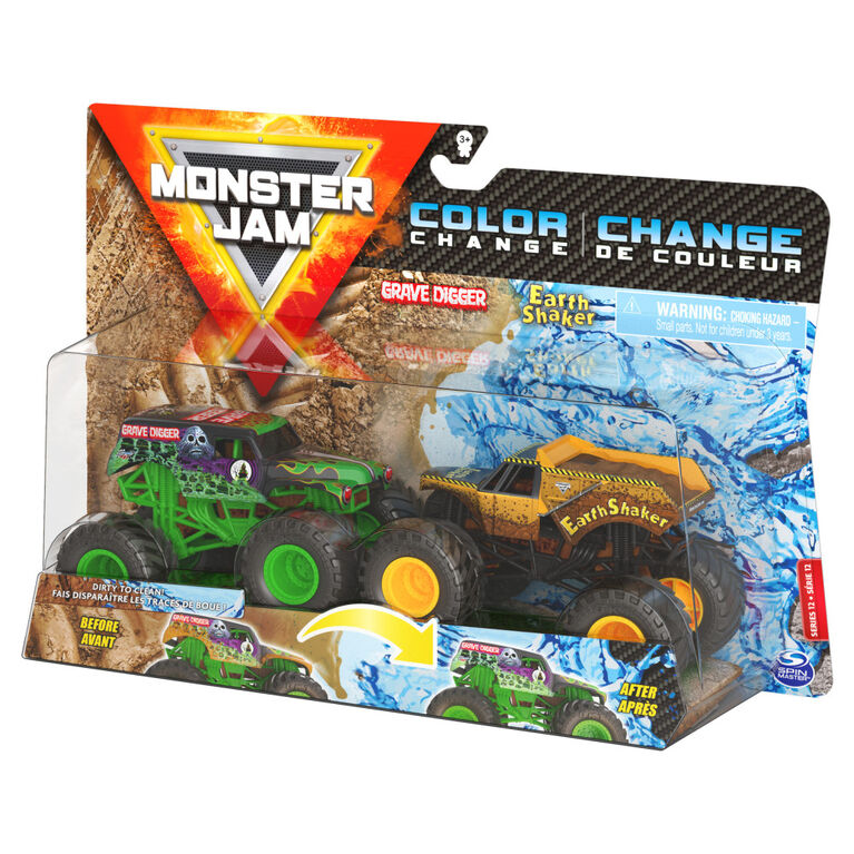 Monster Jam, Official Grave Digger vs. Earth Shaker Color-Changing Die-Cast Monster Trucks, 1:64 Scale