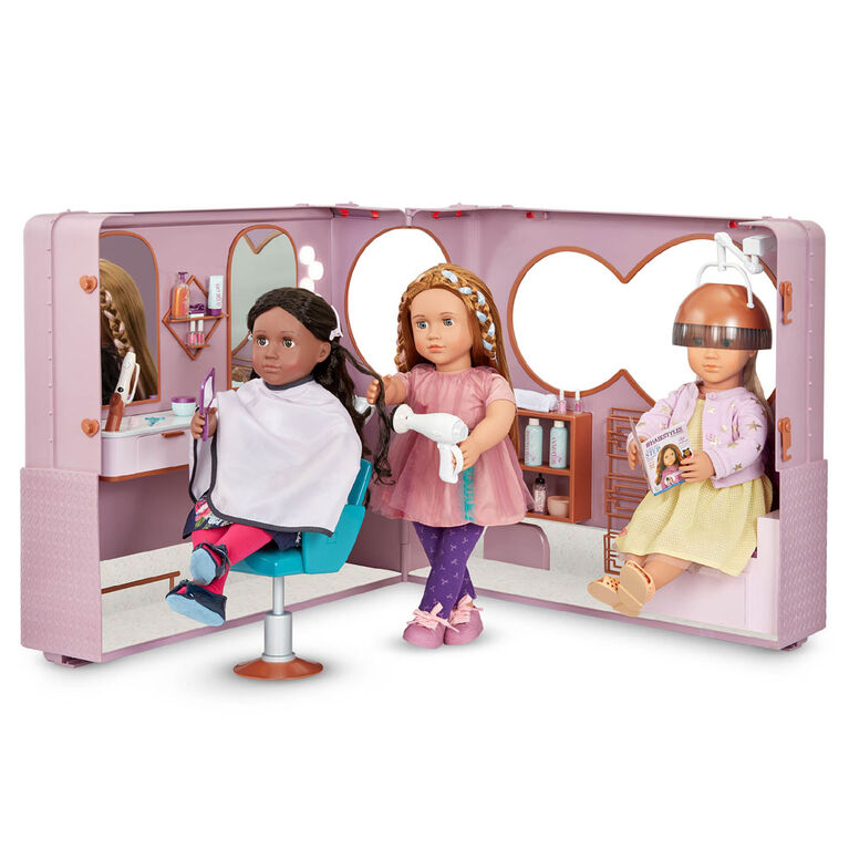 Our Generation Salon on Wheels Ensemble de salon de coiffure pliable pour poupées 46 cm