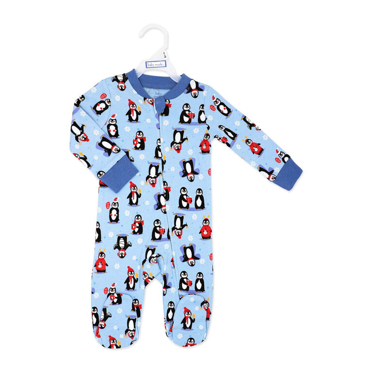 Baby Mode Grenouill&egrave;re de No&euml;l zipp&eacute;e en coton : Pingouin bleu 6-9M