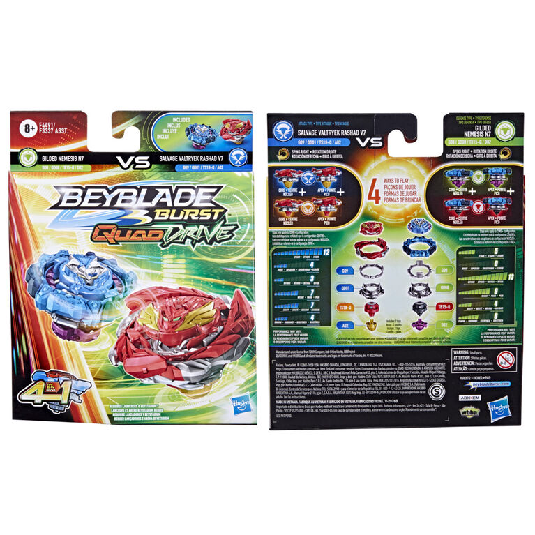 Beyblade Burst QuadDrive Salvage Valtryek Rashad V7 and Gilded Nemesis N7 Spinning Top Dual Pack