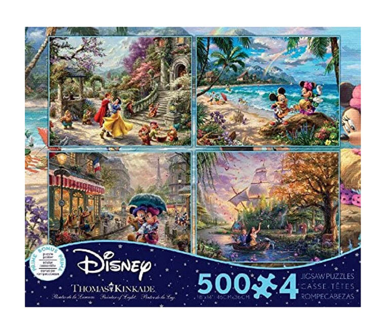 Ceaco Thomas Kinkade Disney 4-in-1 500-Piece Puzzle Multipack (Snow White, Mickey, Pocahontas)