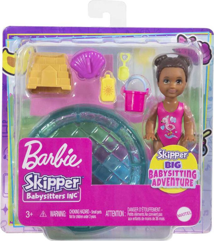 Barbie Small Doll and Accessories, Babysitters, Inc. Set with 1 Pool and 5 Pieces