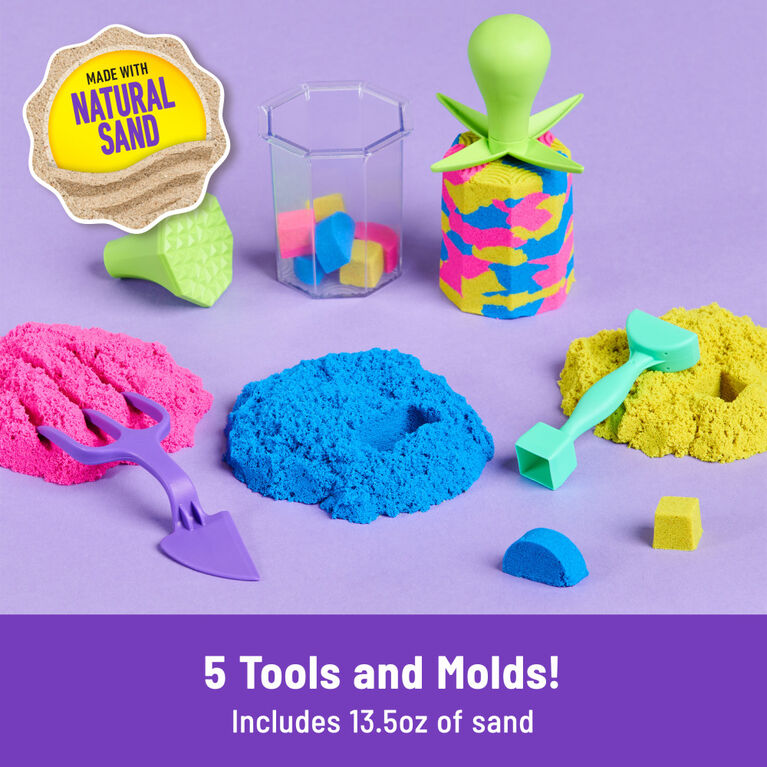 Kinetic Sand, Squish N' Create Playset, with 13.5oz of Blue, Yellow, and Pink Play Sand, 5 Tools