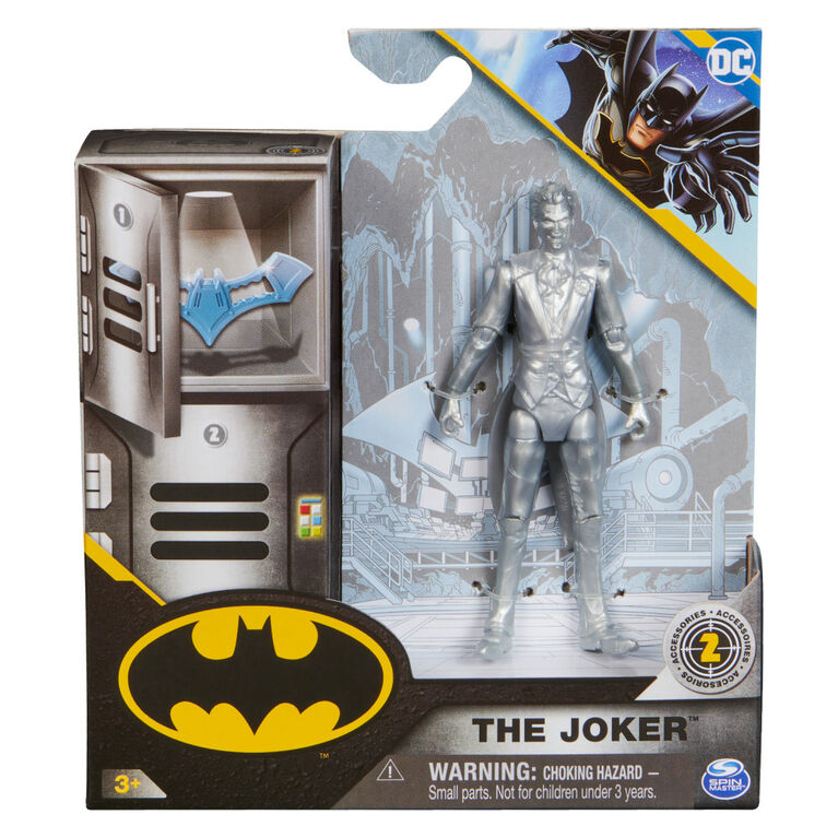 DC Comics, Figurine articulée The Joker métallique avec 2 accessoires mystère, 10 cm
