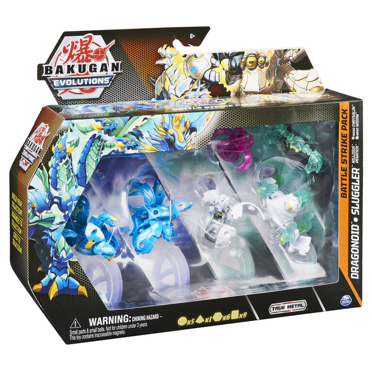 Bakugan Evolutions, Dragonoid and Sluggler Battle Strike Pack, Includes 6 Bakugan Action Figures, 9 Trading Cards and 8 BakuCores