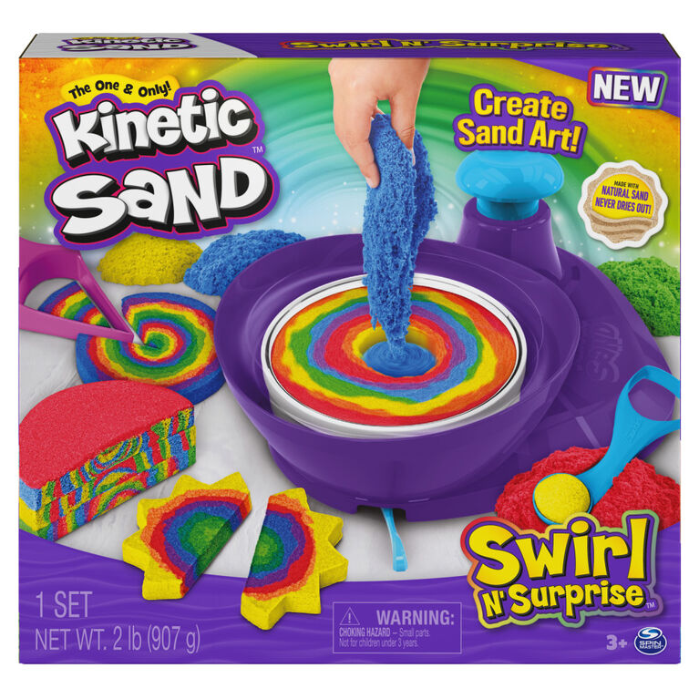 Kinetic Sand, Swirl N' Surprise Playset with 2lbs of Play Sand, Including Red, Blue, Green, Yellow and 4 Tools