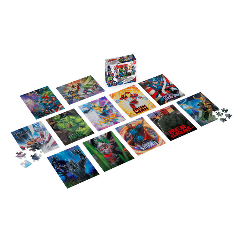 Marvel, Coffret de 12 puzzles Avengers, Captain America, Iron Man, Thor, Hulk, Wasp, Black Panther, Dr. Strange, Red Skull, Thanos