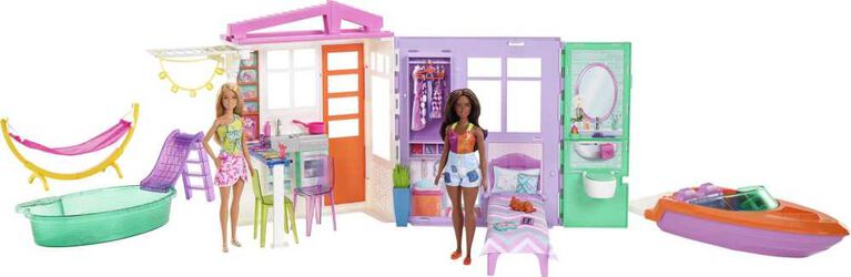 Barbie- Coffret-cadeau, 2 poupées Barbie Fashionistas, maison, pisc.