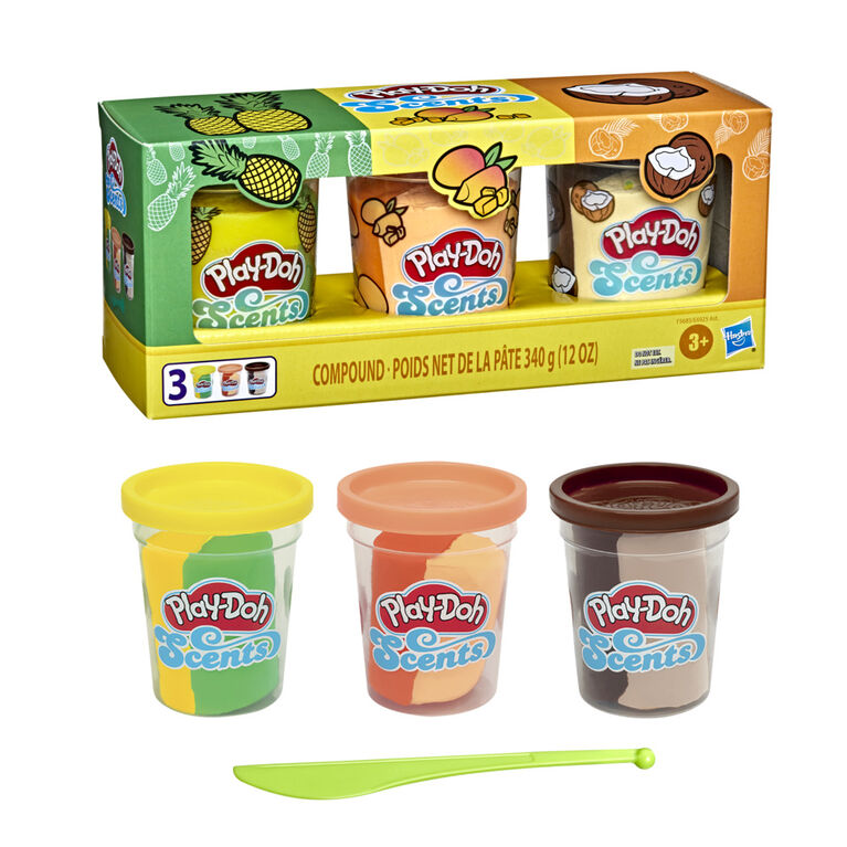 Play-Doh Scents, 3 pots de pâte à modeler atoxique, parfums de fruits tropicaux, pots de 112 g,