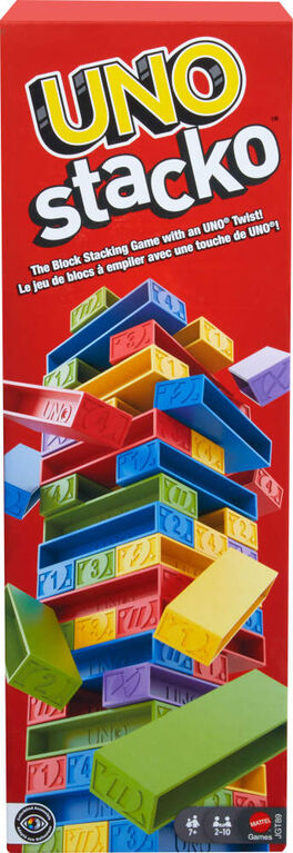 Jeu UNOStacko pour les enfants et la famille avec 45blocs à empiler colorés et un plateau