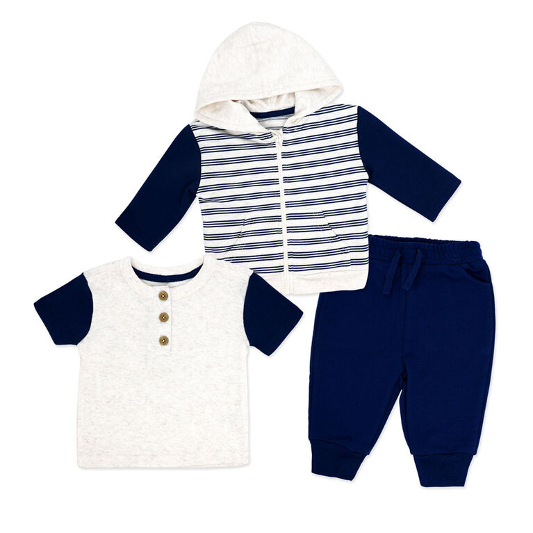 Baby Mode 3 Piece French Terry Jogger Set: Navy Stripe 3-6M