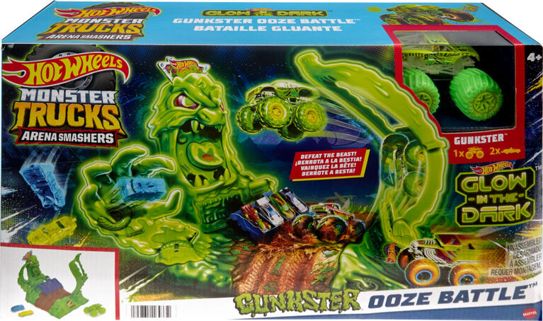 Hot Wheels Monster Trucks Arena Smashers Glow-in-the-Dark Gunkster Set and 1 Glow-in-the-Dark Toy Truck
