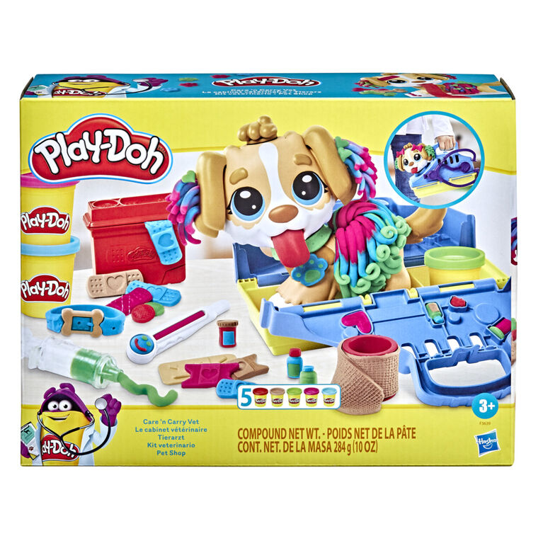 Play-Doh, Coffret Le cabinet vétérinaire avec chien, mallette avec rangement,  10 outils et 5 pots de pâte à modeler atoxique