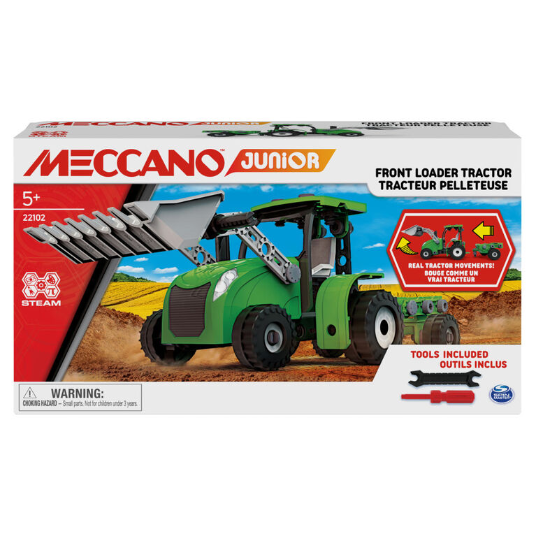 Meccano Junior, Tracteur à benne fonctionnelle avec pièces mobiles et vrais outils, Kit de construction de petit véhicule