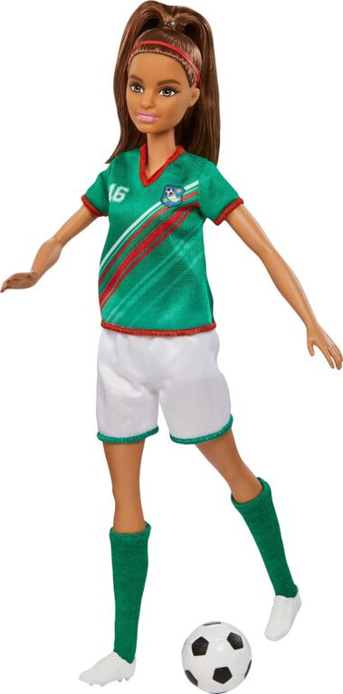 Barbie Soccer Doll, Brunette, #16 Uniform, Soccer Ball, Cleats, Socks, 3 & Up