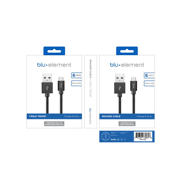 Blu Element  Câble Tressé de Charge/Sync Micro USB 6ft Noir
