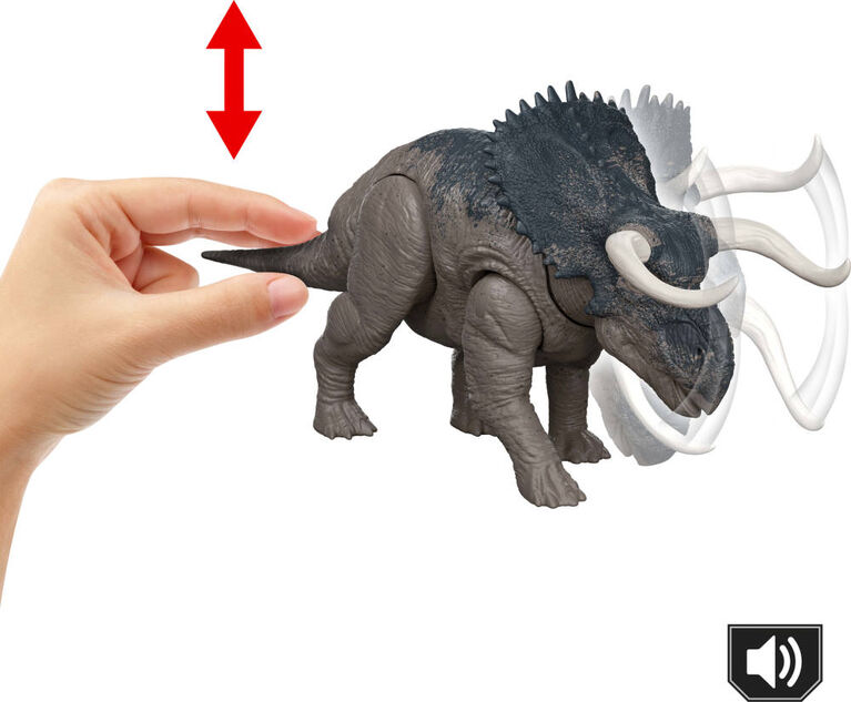 Jurassic World Rebirth Wild Roar Nasutoceratops Dinosaur Toy, Tail Controlled Attack Chomp & Sound