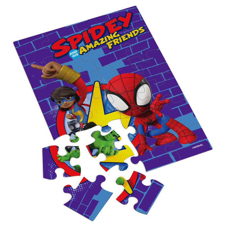 Marvel, Puzzle de 24 pi&egrave;ces Spidey and his Amazing Friends, Peter Miles, Gwen, produit officiel de comics de super-h&eacute;ros, avec bo&icirc;te cadeau en m&eacute;tal