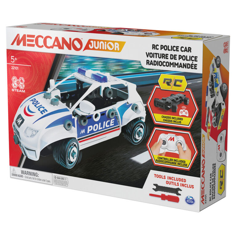 Meccano Junior, Voiture de police radiocommandée avec coffre fonctionnel et vrais outils, Kit de construction de petit véhicule