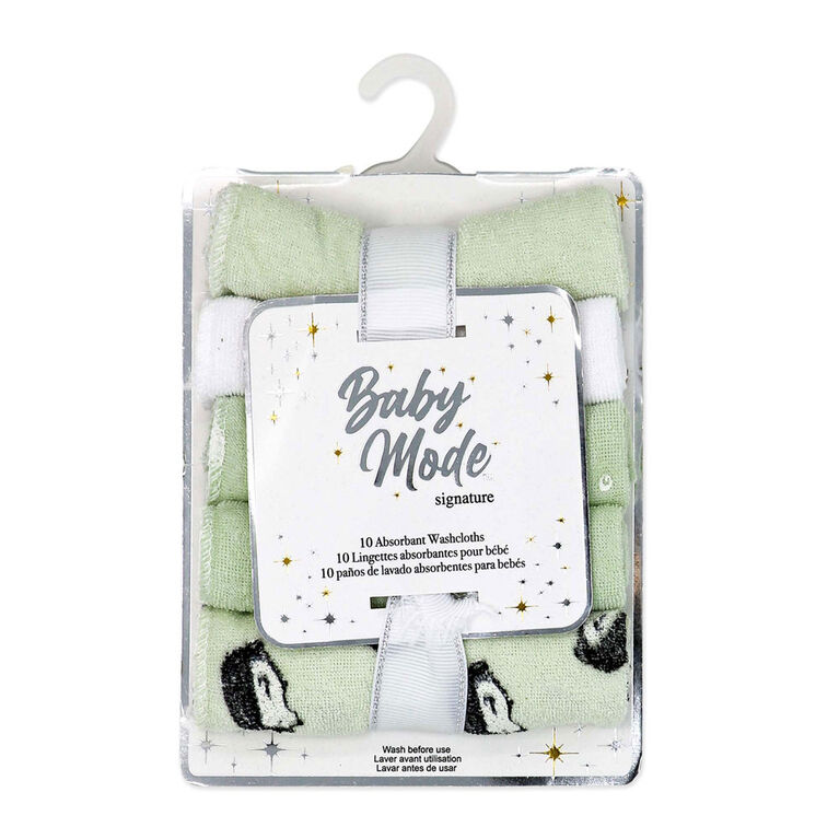 Baby Mode Signature Green Hedgehog Washcloth- Set of 10