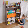 Bibliothèque en bois avec pochettes de rangement, meubles pour enfants - Gris cendré
