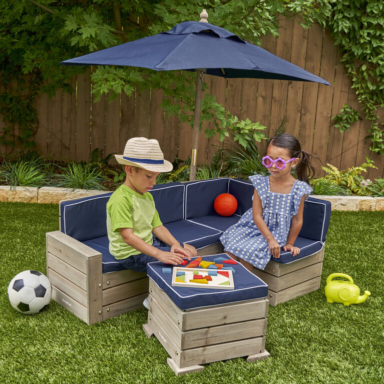 KidKraft - Wooden Outdoor Sectional Ottoman and Umbrella Set with Cushions, Kids' Patio Furniture, Barnwood Gray and Navy