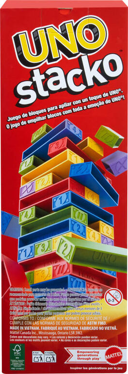Jeu UNOStacko pour les enfants et la famille avec 45blocs à empiler colorés et un plateau