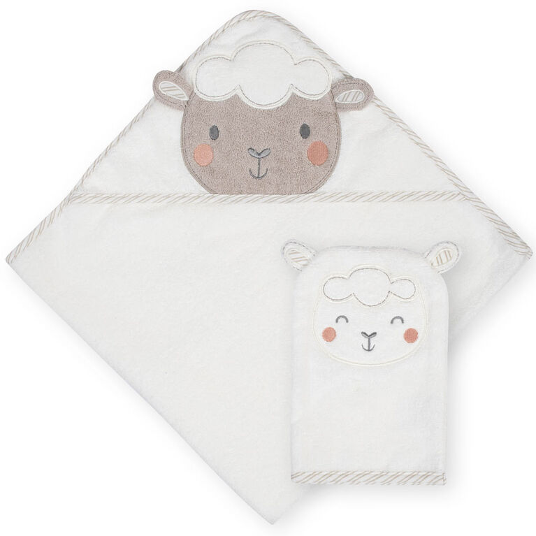 Koala Baby - Ensemble de 2 serviettes à capuche et mitaines pour bébé - Agneau gris et blanc