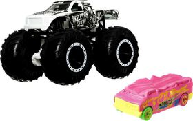 Hot Wheels Monster Trucks 1:64 Scale Vehicles 2 Pack; 1 Die-Cast Truck & 1 Car