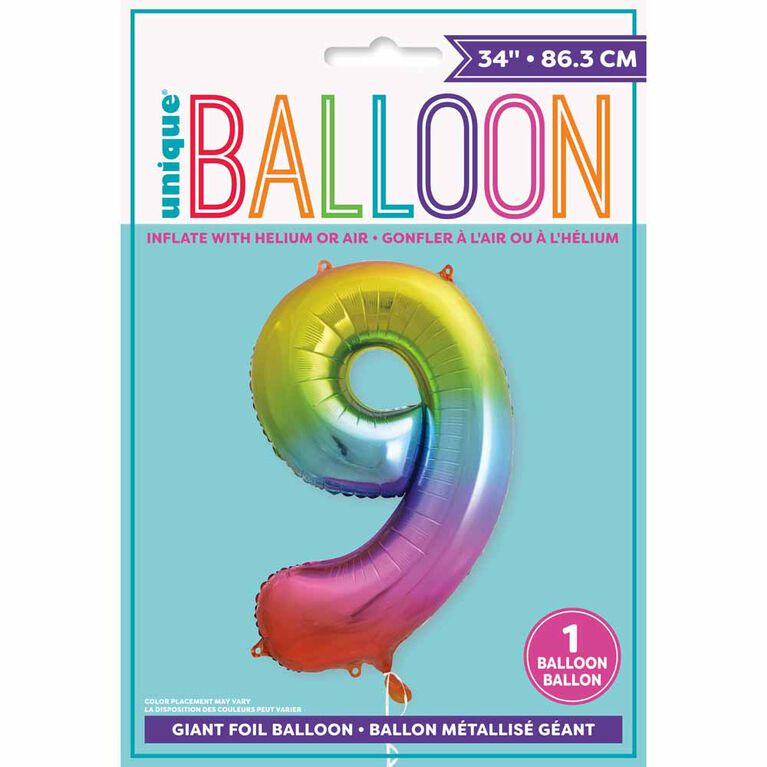 Rainbow Number 9 Shaped Foil Balloon 34"