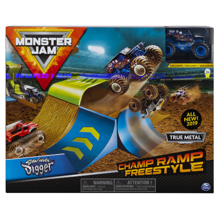 Monster Jam, Coffret officiel Champ Ramp Freestyle avec monster truck Son-uva Digger authentique en métal moulé à l'échelle 1:64.